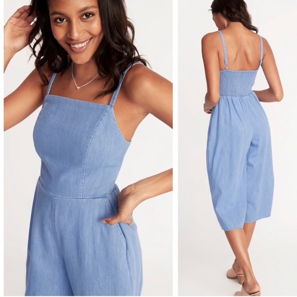 NWT Old Navy Sleeveless Chambray Cami Jumpsuit Blue Cropped Cotton Wide Leg - Picture 15 of 15